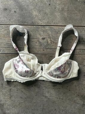 Rosie for Autograph Silk Blend White & Purple Floral Lace Bra 34B